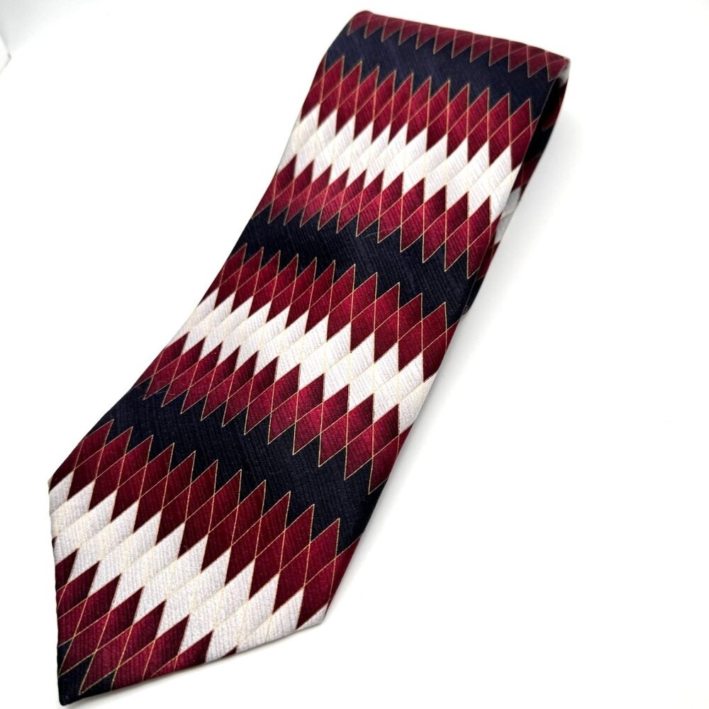 Renzo Neck Tie Red Black White Geometric Pattern 100% Silk 4"